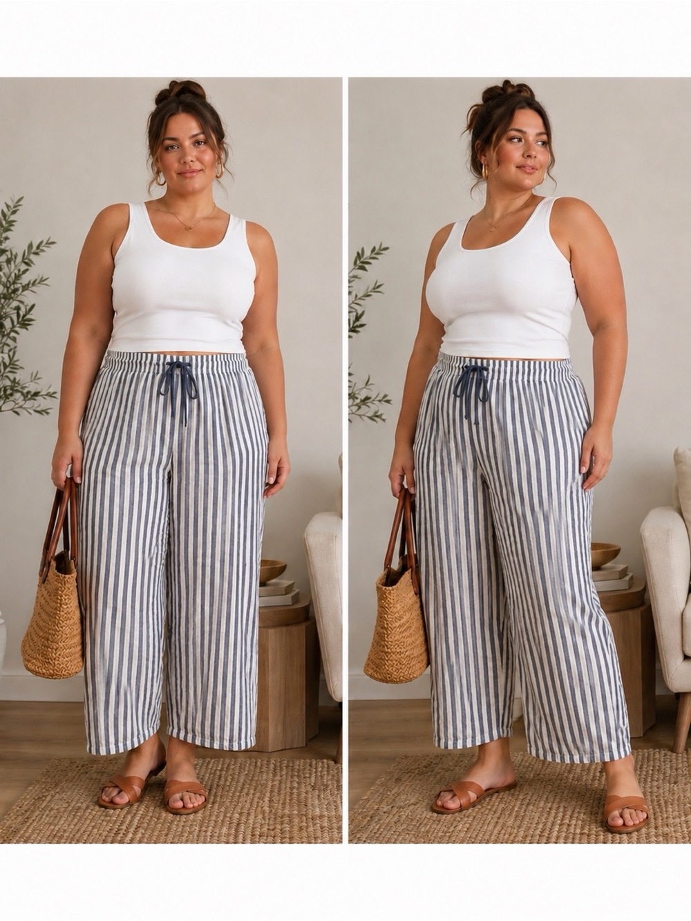 Sonoma 2X 100% Cotton Pants White Blue Striped Pull On Coastal Nautical